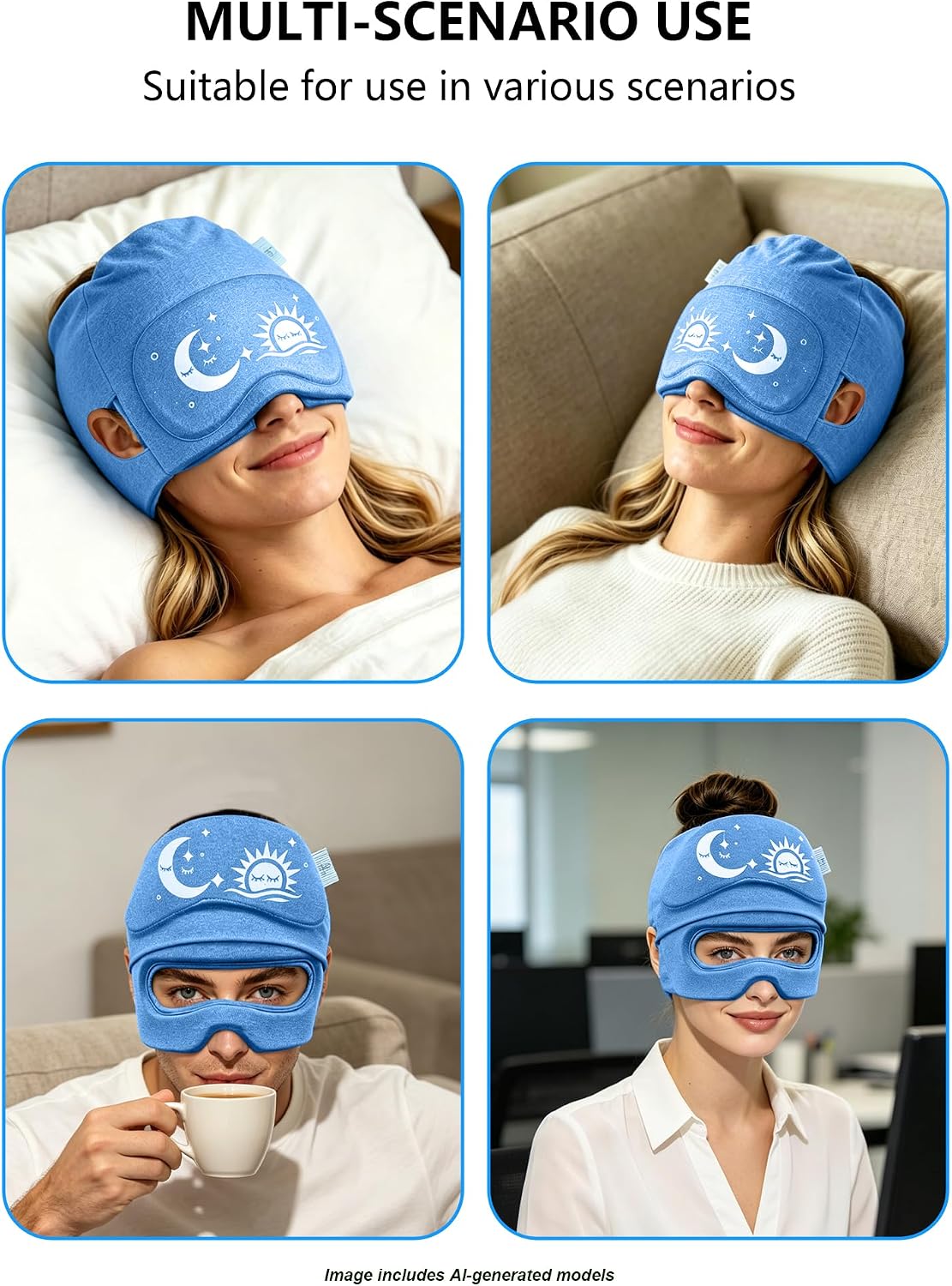 Migraine Relief Cap with Flip-up Eye Mask for Headache & Stress Relief | Headache Relief Hat for Hangover, Tension-Cold Compress Head Wrap