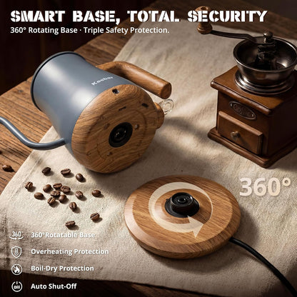 Gooseneck Electric Kettle, 0.8 L, 1000 W, Auto Shut-Off, Light Green | Compact 0.8 L Kettle With Stainless Steel Interior, Gooseneck Pour, Wood-Grain Handle, Auto Shut-Off And Boil-Dry Protection