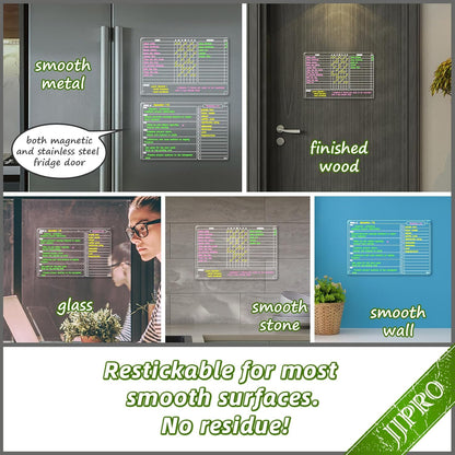 JJPRO Non-Magnetic Dry Erase Calendar for Fridge, Monthly Calendar, Weekly Planning Board Bundle for All Smooth Surfaces. Clear Reusable Calendar Stick to Fridge,Cabinet,Door&Glass