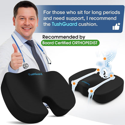 TushGuard Seat Cushion for Office Chair, Car, Memory Foam, Black Large | For Back, Coccyx, Sciatica, Tailbone Pain, Ergonomic Design, Non-Slip, Desk Wheelchair Use, Supportive Butt Pillow, For Man
