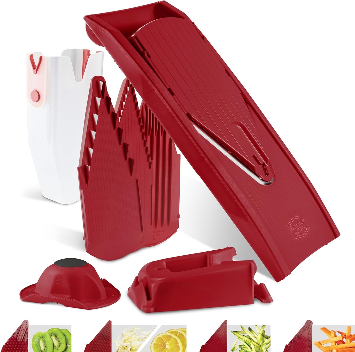 Mandoline Food Slicer Börner V1 (Profi Set) by Reston Lloyd • V-Slicer with 4 Inserts, Docking Station & Food Holder • Made in Germany • Fruit & Vegetable Chopper • Multiple Settings • Color: Red