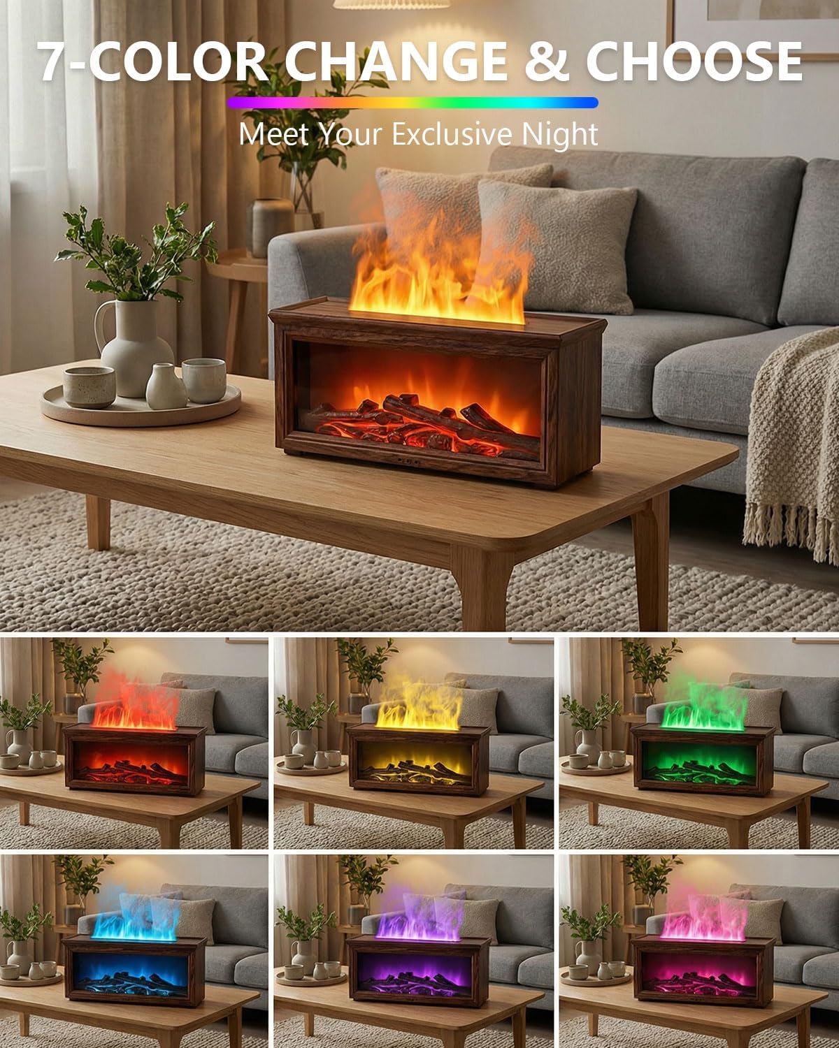Essential Oil Diffuser, 7-Color Fireplace Flame Aromatherapy Humidifier
