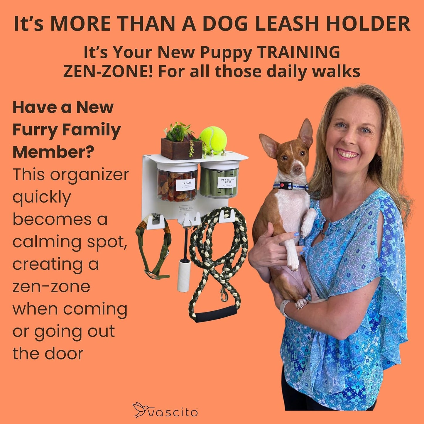 Dog Leash Holder for Wall with Shelf — Wall Mounted Dog Treat Holder & Station, 2 Airtight 32oz Treat Containers, 9 Hooks, Patented Lidless Slide-to-Seal Jars, Solid Steel, Made in USA