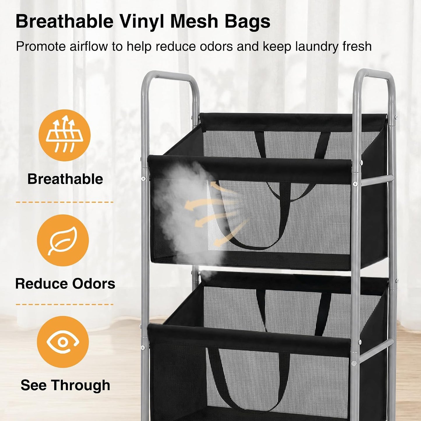 STO STO 3-Tier Vertical Rolling Laundry Hamper, Removable Bags, Black Mesh | 120L Capacity, Space-Saving Vertical Design, Rust-Resistant Steel Frame, Lockable Wheels, Ideal for Apartments & Small Spaces