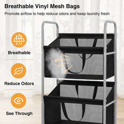 STO STO 3-Tier Vertical Rolling Laundry Hamper, Removable Bags, Black Mesh | 120L Capacity, Space-Saving Vertical Design, Rust-Resistant Steel Frame, Lockable Wheels, Ideal for Apartments & Small Spaces