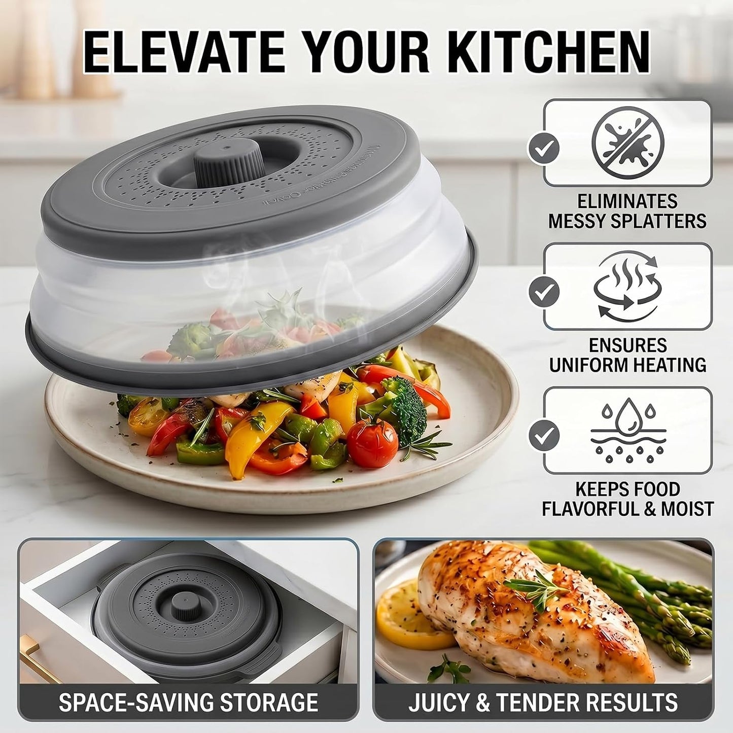 10 Inch Microwave Splatter Cover Vented for Food, Collapsible Splatter Guard with Handle, Anti-Splatter Plate Lid for Kitchen Fruit Vegetables, Dishwasher-Safe Easy Clean (black)