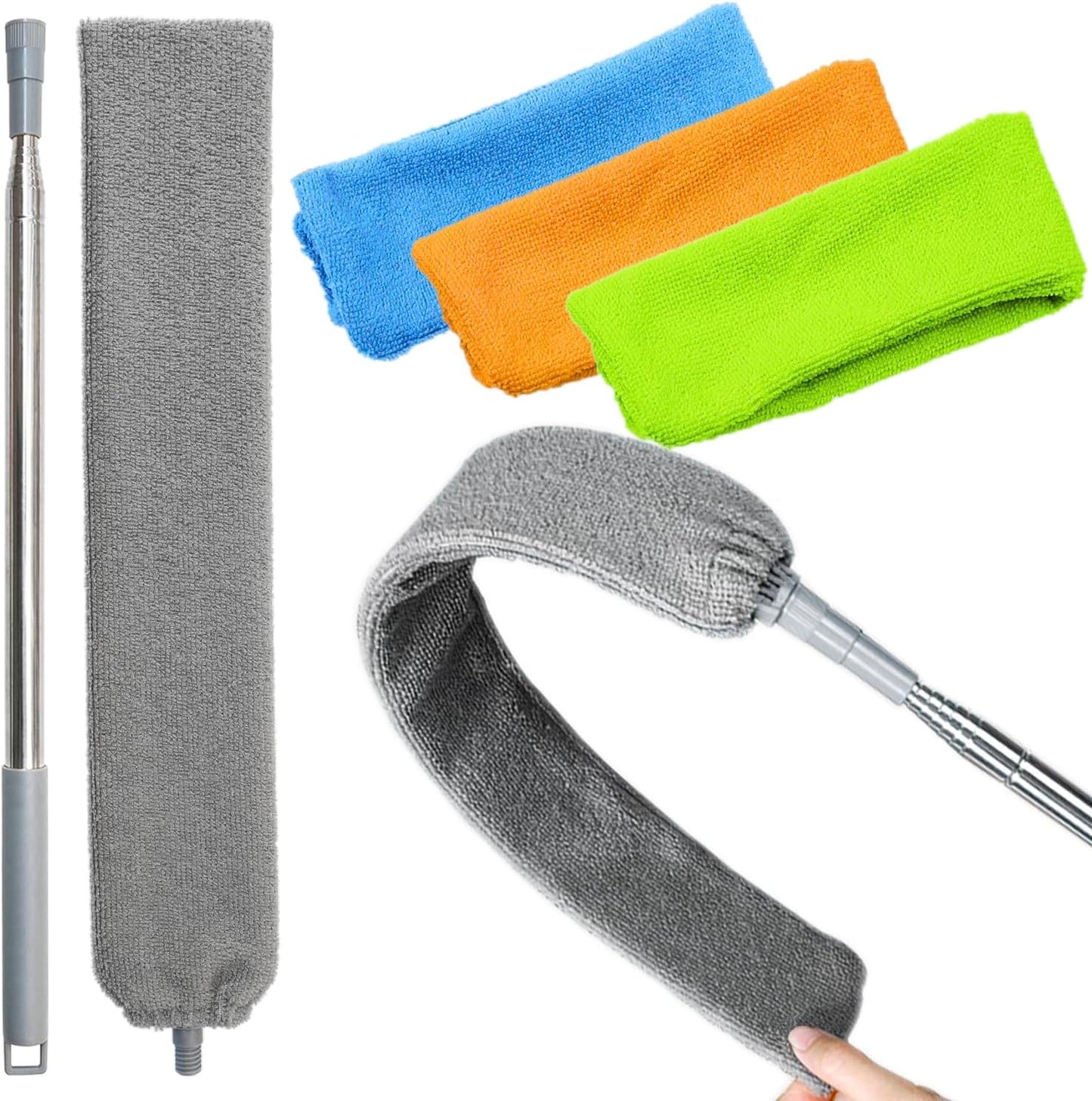 100 inches Retractable Gap Dust Cleaner Cleaning Tools with 4 Microfiber Dusting Cloths Long Handle, Washable and Retractable Duster Brush for Cleaning Under Appliances Furniture Couch Fridge