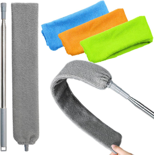 100 inches Retractable Gap Dust Cleaner Cleaning Tools with 4 Microfiber Dusting Cloths Long Handle, Washable and Retractable Duster Brush for Cleaning Under Appliances Furniture Couch Fridge