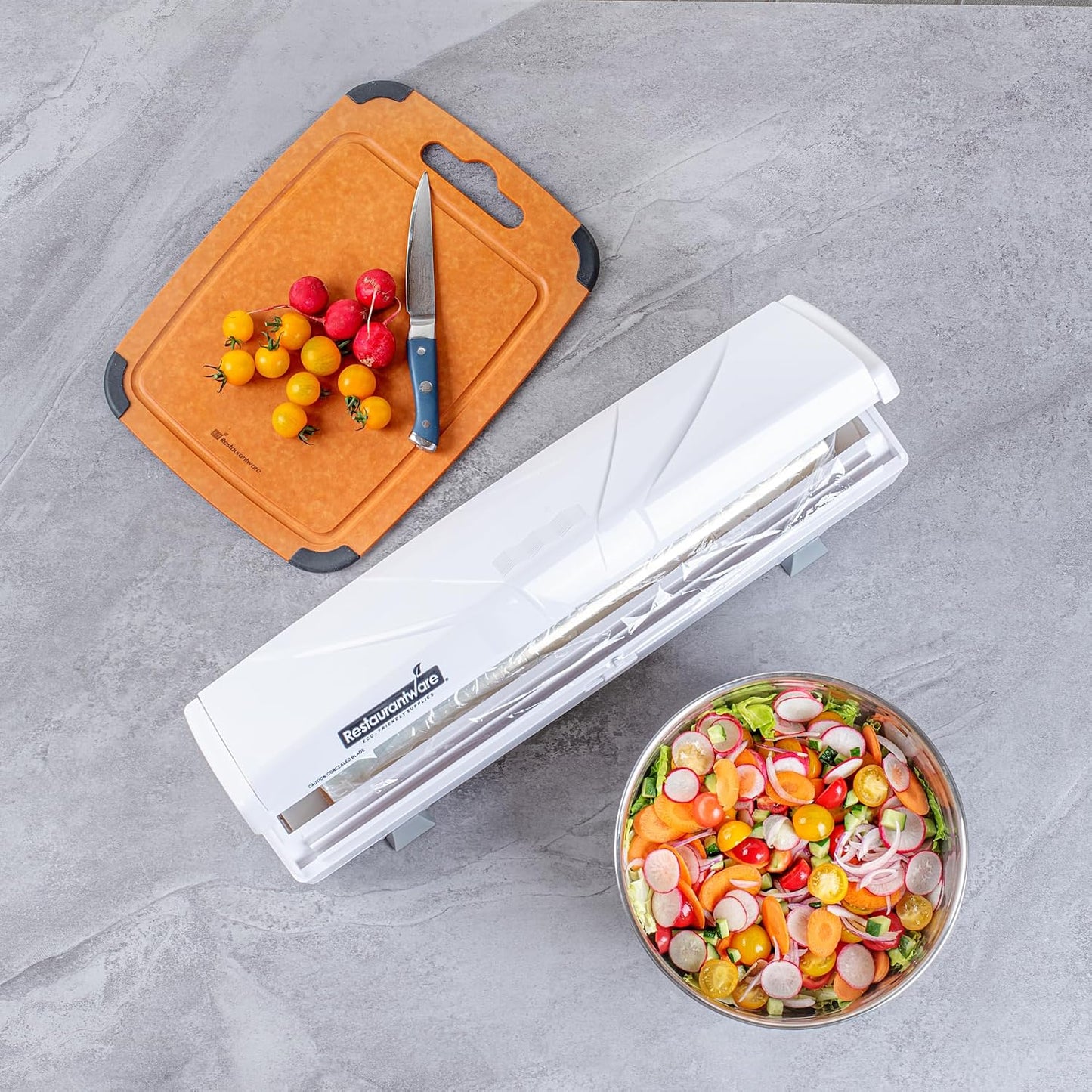 Restaurantware-Chef 101 Food Wrap Dispenser with Cutter, 1 Refillable Cling Wrap Dispenser - Fits 12” to 18” x 1000’ Rolls, Press Down and Cut, White Plastic Aluminum Foil, Sharp Blade
