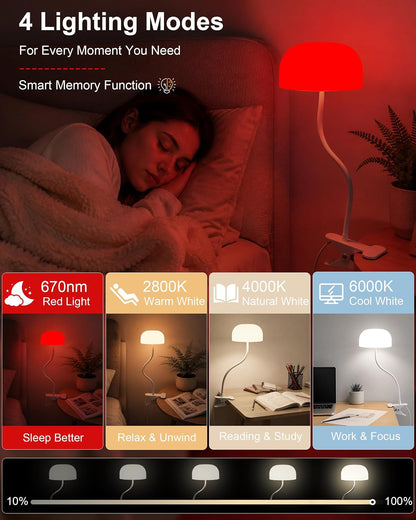Clip on Light for Bed, Headboard Reading Lamp, Dorm Room Essentials | Flexible Mushroom Desk Lamp, Top & Bottom Lighting, 3 Colors Modes+670nm Red Light LEDs, 5 Brightness,Timer, Adapter Included