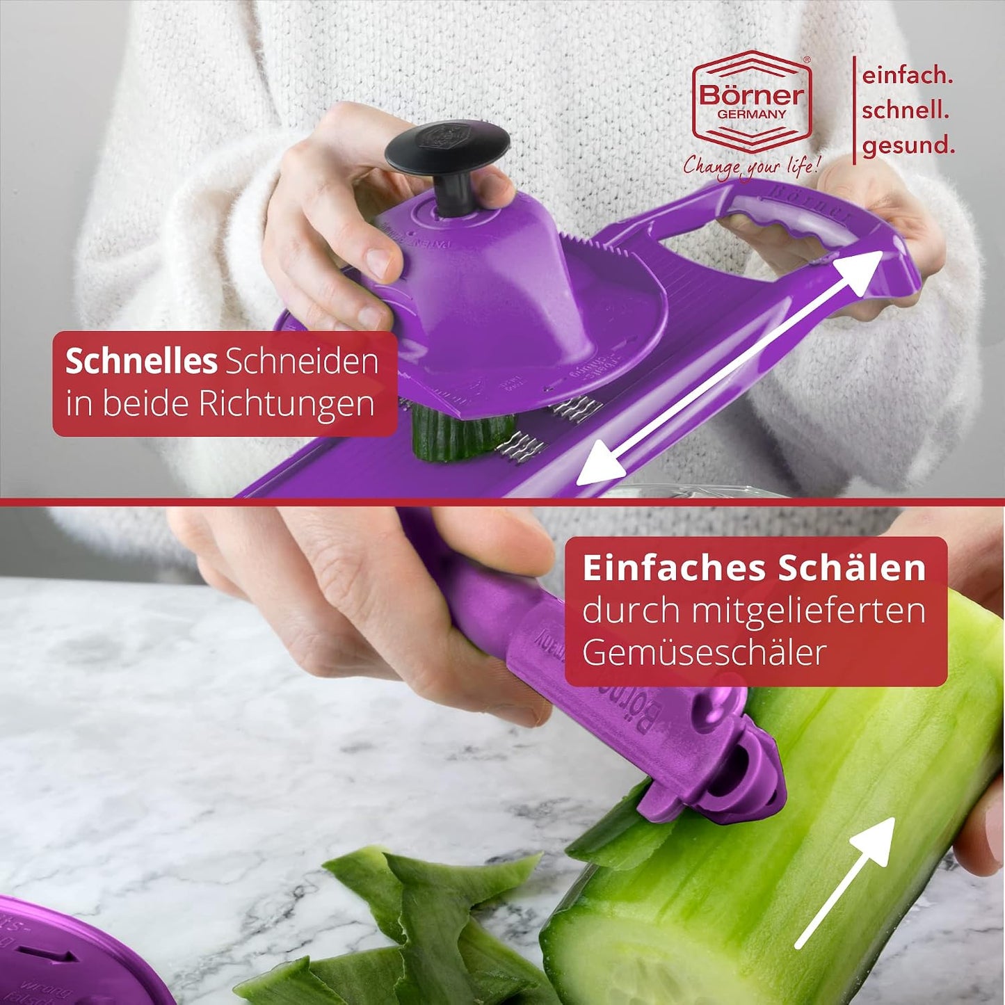 Börner Roko PowerLine Vegetable Slicer Set (2-piece) • Fine Julienne Cutter for Fruit and Vegetables + Safety Guard • Julienne Slicer • Mandoline Slicer Set • Kitchen Slicer (Red)