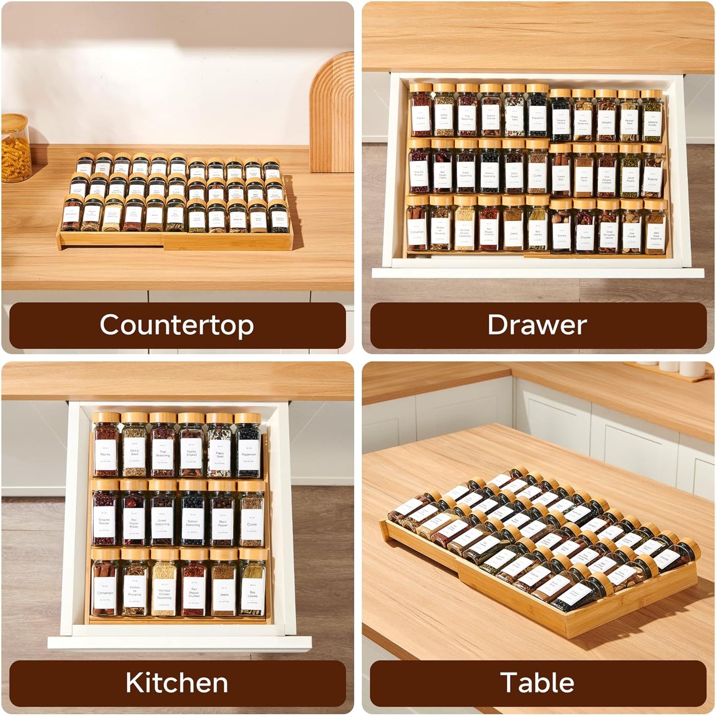 3-Tier Expandable Bamboo Spice Drawer Organizer, Adjustable Width 12" to 21", Kitchen Storage with 36 Glass Jars & Bamboo Lids, 216 Labels, Non-Slip Design for Cabinet & Countertop