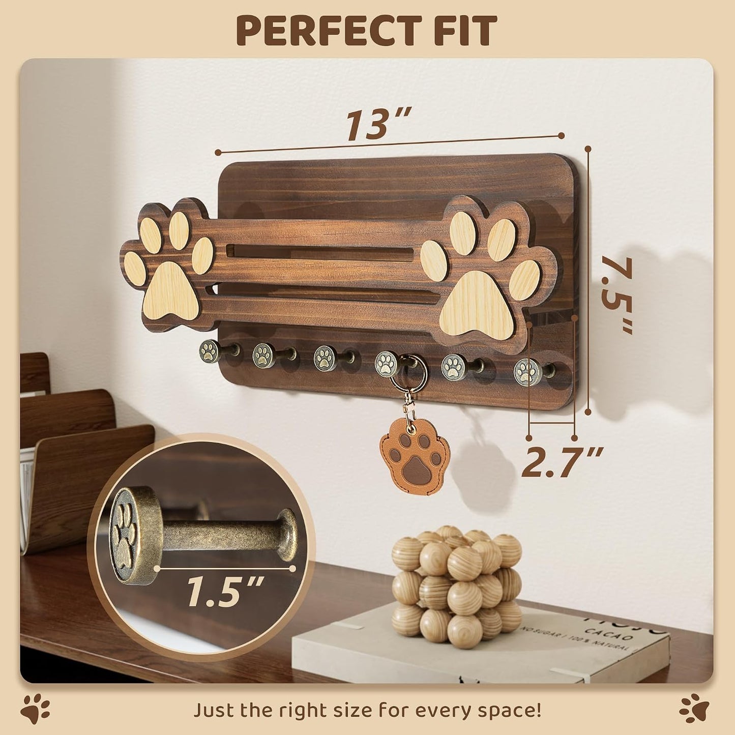 MTERSN Dog Leash Holder for Wall with Wall Shelf for Dog Lover, White | 3D Paw-print Design, Mail Holder for Wall with 6 Hooks for Dog Leash & Sunglasses, Put Dog Food Container, Rustic Home Decor