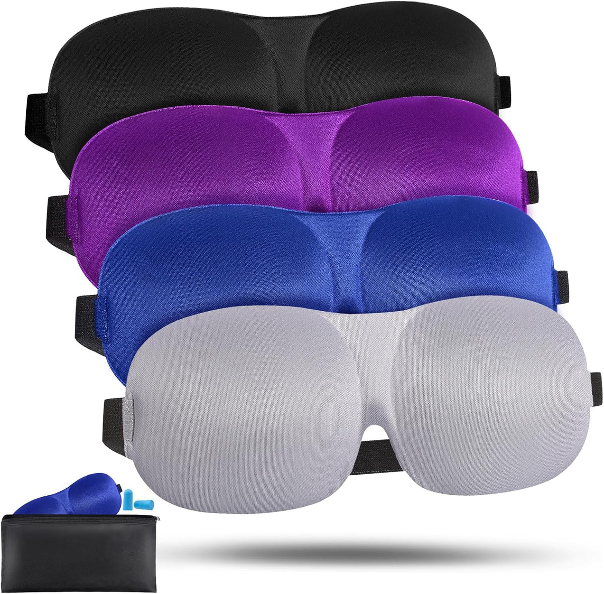 4 Pack Sleep Mask for Women and Men Adjustable Blackout 3D Eye Masks for Sleep, Blindfold with Storage Bag and Earplug for Travel Nap and Night (Black, Purple, Blue, Gray)