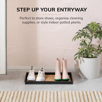 Anji Mountain Heavy Duty Waterproof Rubber Shoe Storage Mat Organizer/Boot Storage Tray Multi Use For Entryway with Coir, Tan Insert, Fits 2 Pair (24.5" Wide)