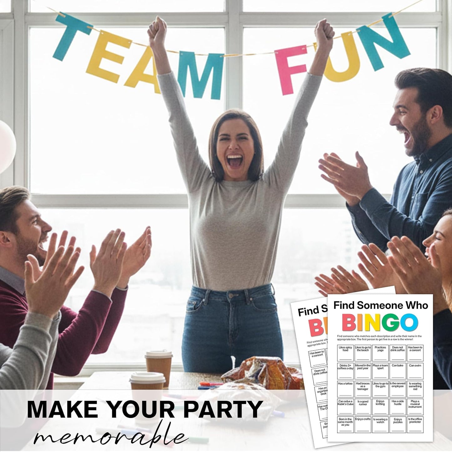 Find Someone Who Bingo Cards, 25 Unique Randomized 5x7 Sheets, Get to Know You Bingo Game for Adults, Ice Breaker Office Party Games, Team Building Games for Work, High Replay Value - A05