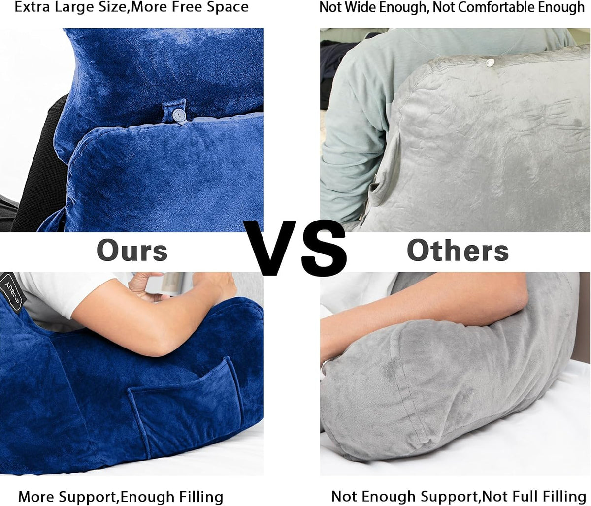 SLIGUY Reading Pillow for Sitting in Bed Couch Adult, Back Pillow with arm Support and Pockets, Adult Back Pillow Bed Chair for Bed Rest, Reading, Watching TV, Gaming for Boys and Girls Dark Grey