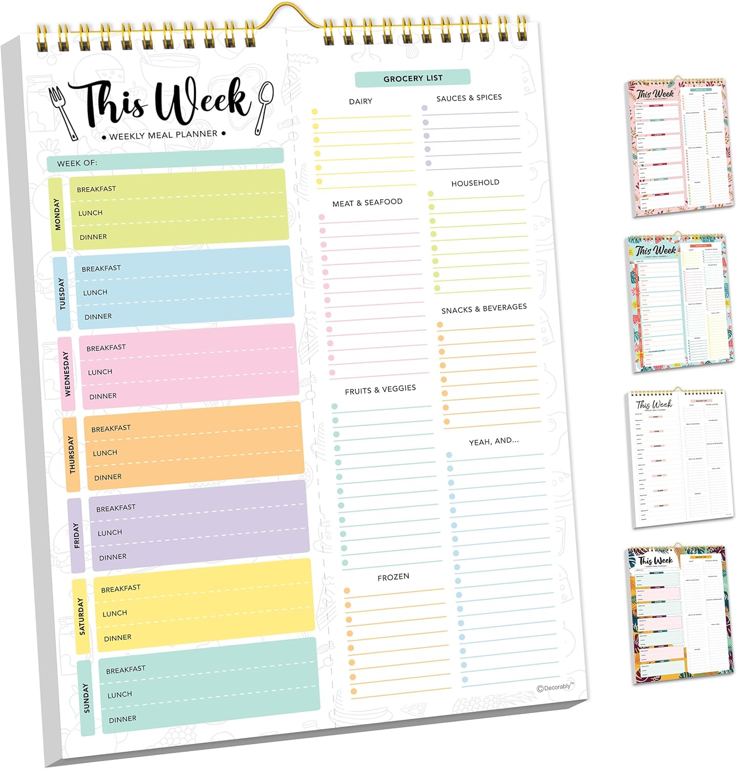 Decorably 52 Sheets Pastel Rainbow Undated Magnetic Weekly Meal Planner | 8.5x11in Grocery List Notepad Meal Planner with 4 Strong Magnets - Spring-Bound, Refrigerator Mountable, Easy Tear-Off Design
