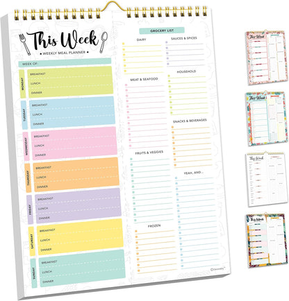Decorably 52 Sheets Pastel Rainbow Undated Magnetic Weekly Meal Planner | 8.5x11in Grocery List Notepad Meal Planner with 4 Strong Magnets - Spring-Bound, Refrigerator Mountable, Easy Tear-Off Design