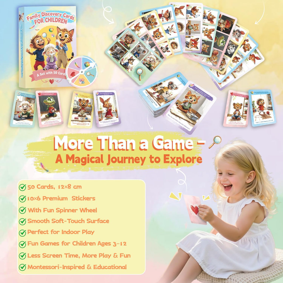 50 Indoor Discovery Cards for Kids 3–12 – Montessori Screen-Free Activity Set | 5 Themes | Spinner & Reward Stickers | Fun Game for Home & School Stocking Stuffers
