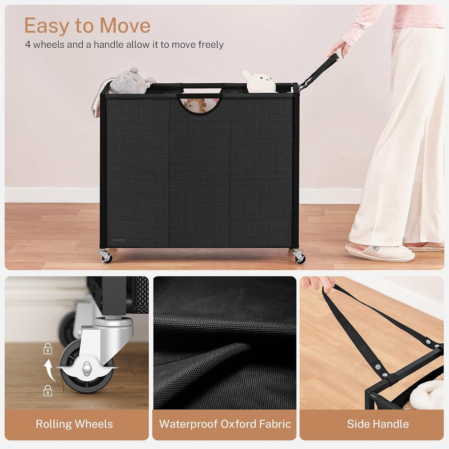 Laundry Sorter, Rolling Laundry Hamper with 3 Section Pull-Out Bags, Laundry Basket Organizer with 2 Drawers & 2-Tone Top Panel, Laundry Hamper with Wheels for Laundry Room Organization, Bathroom