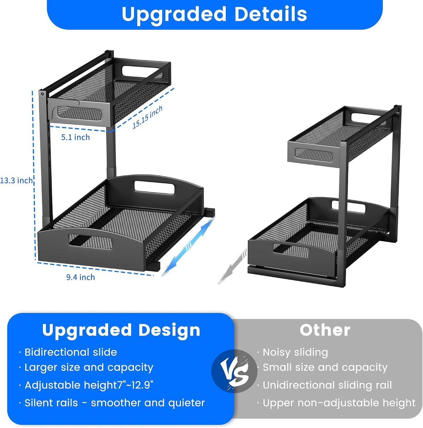 Petiza Under Sink Organizer Adjustable Height 2 Tier Bathroom Organizer Pull Out Cabinet Organer kitchen organizers and storage fridge organizers and storage,White,XL-1 Pack