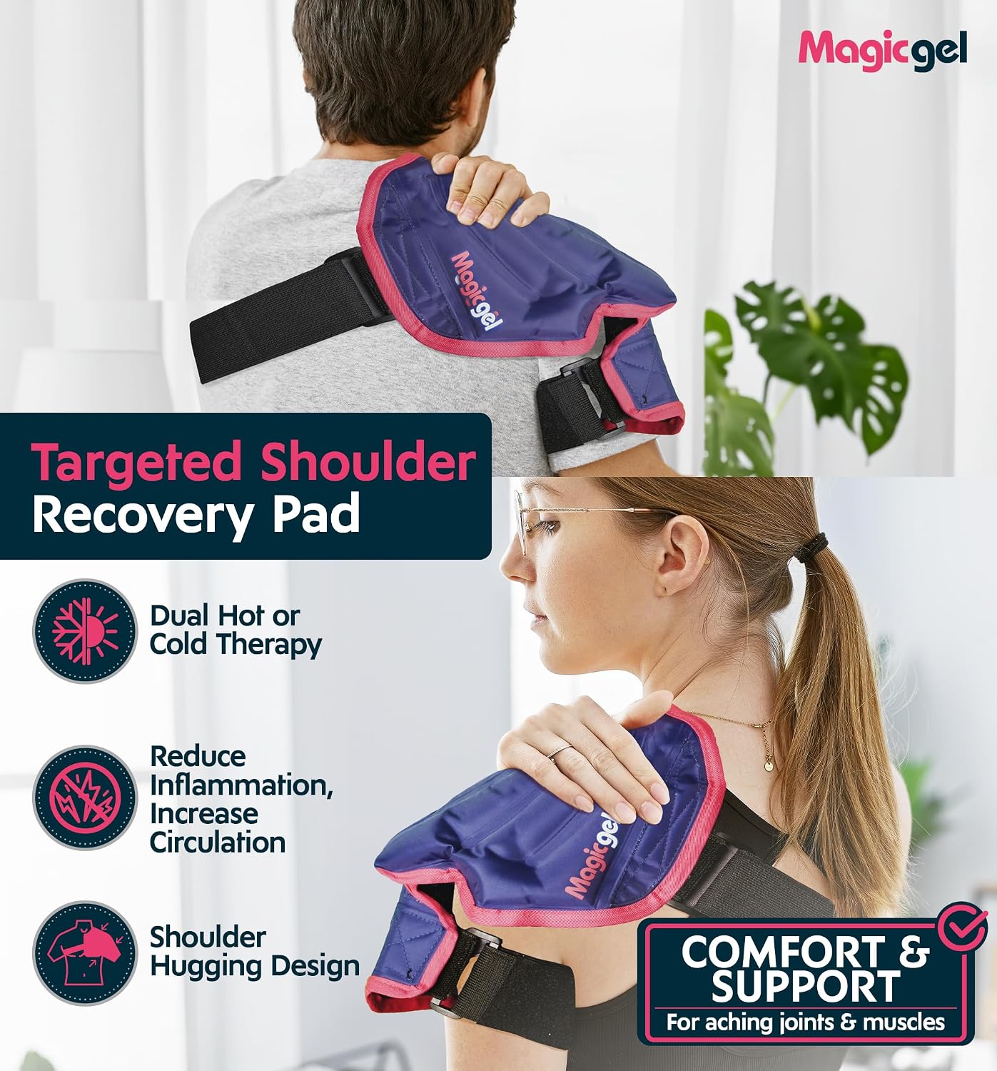 Magic Gel Ice Pack | Reusable, Flexible & Long Lasting for Rotator Cuff Injuries, Bursitis and Swelling | Hot or Cold Therapy Compression Wrap for Left or Right Shoulder