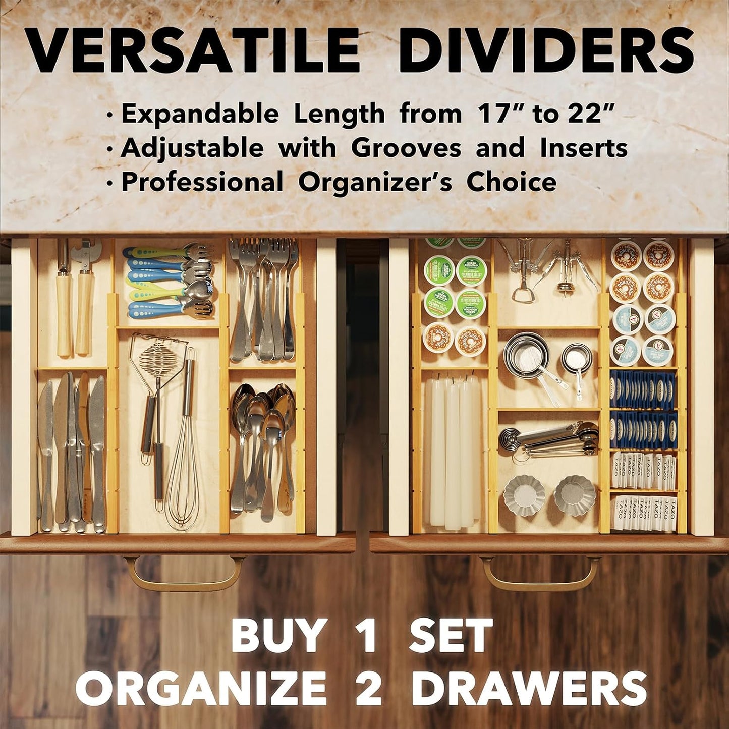 SpaceAid Bamboo Drawer Dividers with Inserts and Labels, Kitchen Adjustable Drawer Organizers, Expandable Organization for Home, Office, Dressers, 4 Dividers with 9 Inserts (17"-22" Natural)