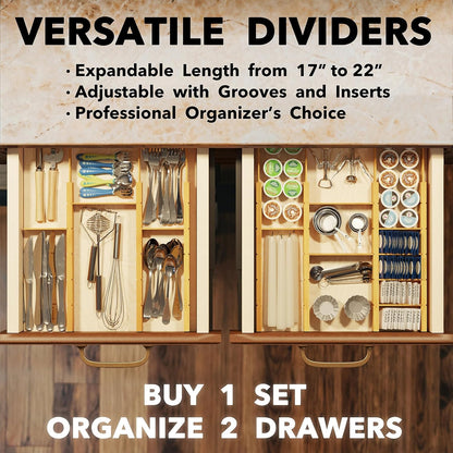 SpaceAid Bamboo Drawer Dividers with Inserts and Labels, Kitchen Adjustable Drawer Organizers, Expandable Organization for Home, Office, Dressers, 4 Dividers with 9 Inserts (17"-22" Natural)