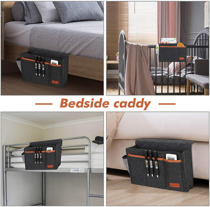 Bedside Caddy, Felt Bed Storage Organizer Hanging Bag Holder with 5 Pockets, Magazine Book Phone Tablet iPad Cables Remote and Water Bottle Holder for Home Dorm Bed Sofa, Light Gray