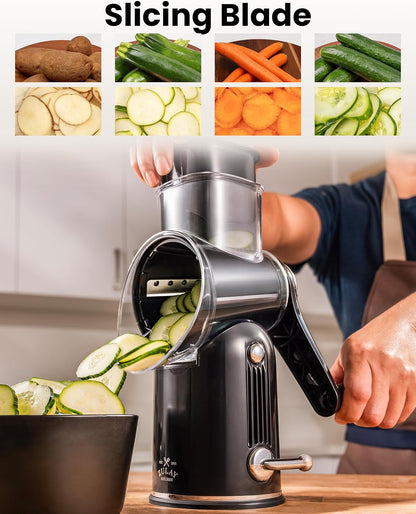 Zulay Kitchen Rotary Cheese Grater 5 Blade Cheese Shredder - Manual Hand Crank Cheese Grater With Reinforced Suction & 5 Interchangeable Drums - Easy to Use, Vegetable Chopper Round Mandoline Slicer - Colors B