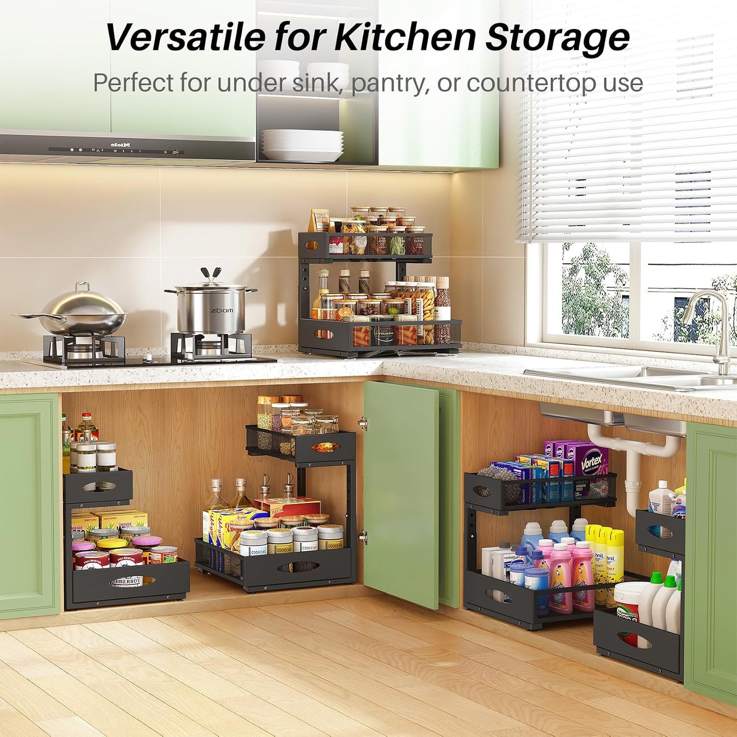 Under Sink Organizer, 2-Pack Pull Out Cabinet Organizer 2 Tier Metal Slide Out Storage Shelf Rack, L-Shaped Adjustable Height,Mesh Sliding Drawer for Kitchen, Bathroom, Laundry, Pantry, White, XL