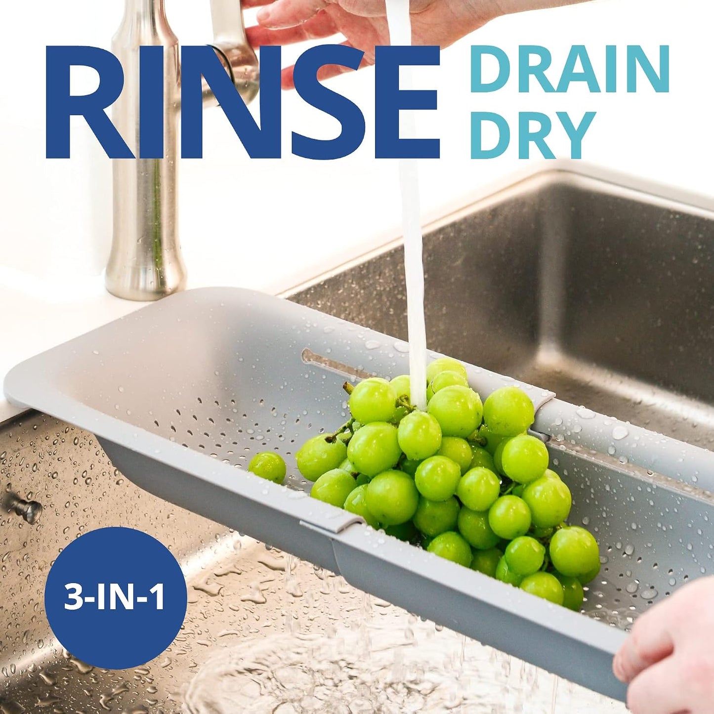 Blue Ginkgo Over Sink Colander, Extendable Kitchen Strainer, Grey | Fits Most Sinks. Rinse, Drain and Dry with Ease.