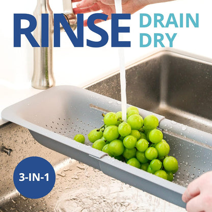 Blue Ginkgo Over Sink Colander, Extendable Kitchen Strainer, Grey | Fits Most Sinks. Rinse, Drain and Dry with Ease.