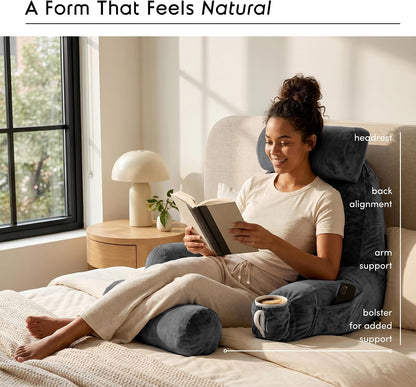 Nestl Reading Pillow with Shredded Memory Foam, Designed for Sitting Up in Bed and Couch, Back and Arms Adjustable Support for Adult & Teens Backrest Pillows for Reading, with Washable Cover Dark Grey