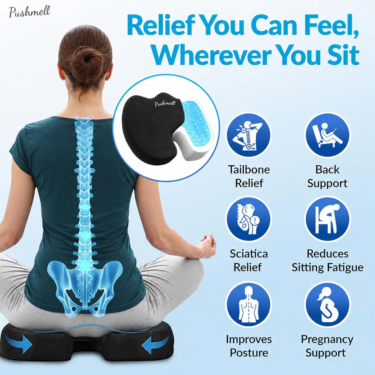 Premium Memory Foam Gel Seat Cushion for Tailbone, Coccyx, Back & Sciatica Pain Relief – Fits 17.5” x 14” Seats, Ergonomic Office & Desk Chair Cushions for Home, Car – Includes Bonus Extra Cover