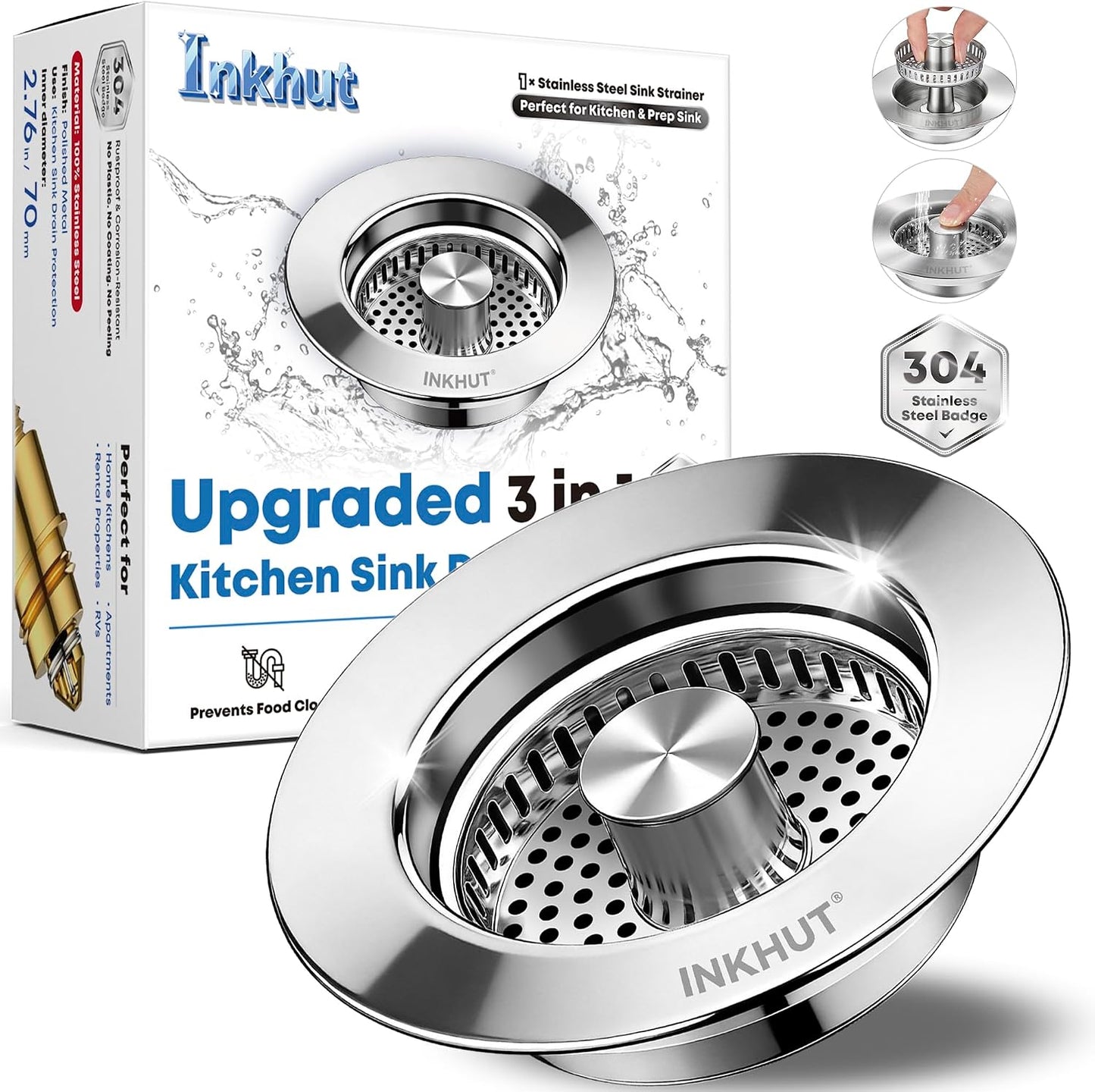 Upgraded 3 in 1 Kitchen Sink Drain Strainer | Stainless Steel Sink Stopper, Anti-Clogging Food Catcher Basket, Bounce Core Drain Strainer Plug for 3 1/2 inch Drain