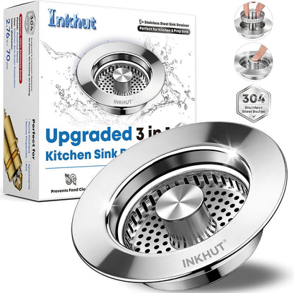 Upgraded 3 in 1 Kitchen Sink Drain Strainer | Stainless Steel Sink Stopper, Anti-Clogging Food Catcher Basket, Bounce Core Drain Strainer Plug for 3 1/2 inch Drain