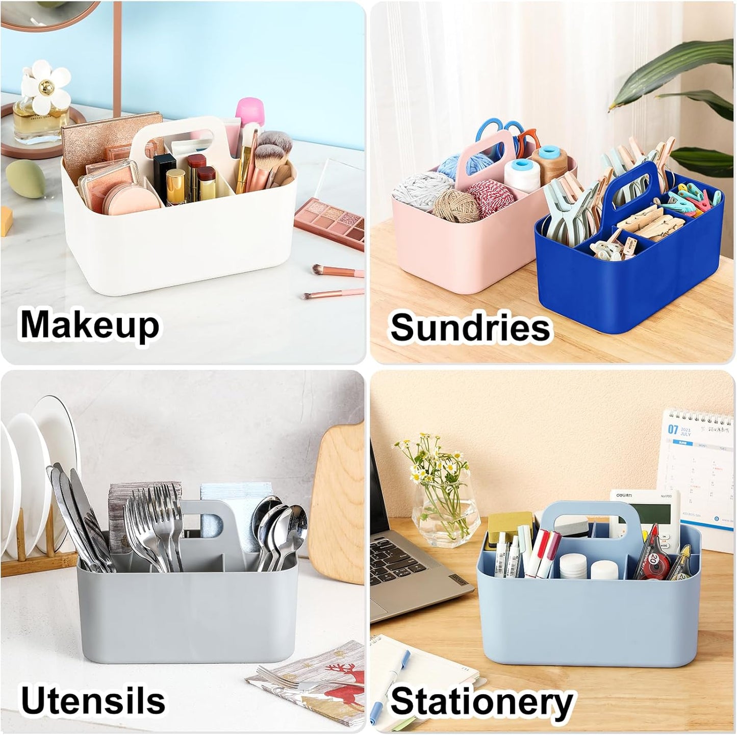 Multiuse Caddy Organizer with Handle, Portable Divided Plastic Tote Bin - Art Craft, Stationary Pen Marker Crayons, Makeup Hair Supplies Storage - Bathroom, Classroom, Dorm, Office, Desk Holder - Grey