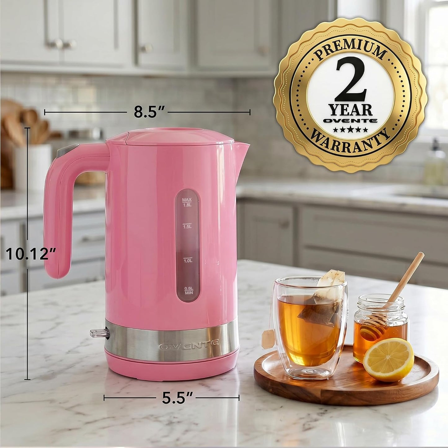 OVENTE 1.8L Electric Kettle with 1500W Fast Boiling Heater, Black KP413B | Best For Coffee or Tea, BPA-Free, Easy-Fill Lid, Water Level Window, Auto Shut-Off & Boil-Dry Protection, Removable Filter