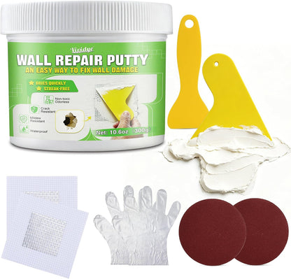Drywall Repair Kit, Spackle Paste with Patches & Tools for Wall Hole Fix | 10.6oz Wall mending agent for drywall, plaster, wood, stucco. Waterproof, crack-resistant, residue-free ＆ formaldehyde-free