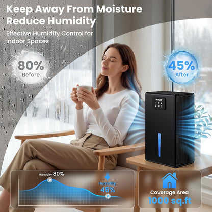 Dehumidifier, 1000 sq.ft Dehumidifiers for Home Bedroom Bathroom Basement with 95oz Water Tank, Sleep Mode, Auto Shut-Off 7 Colors LED Light, Grey