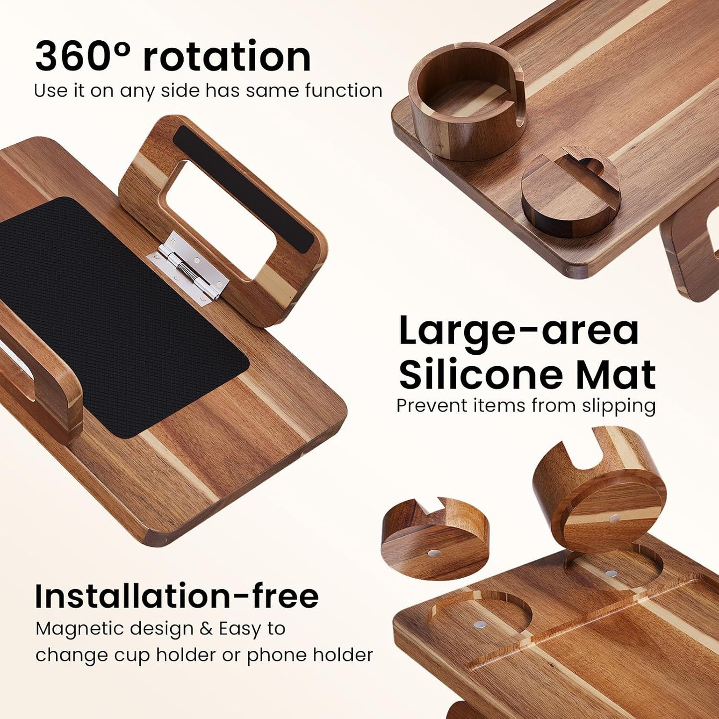 Acacia Wood 3 in 1 Couch Arm Tray with Cup and Phone Holder | Clip-On Couch Desk,Foldable, Non-slip,No Assembly，for Drinks Snacks Phone，Remote Control