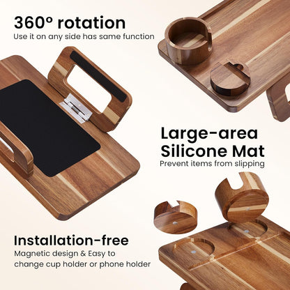 Acacia Wood 3 in 1 Couch Arm Tray with Cup and Phone Holder | Clip-On Couch Desk,Foldable, Non-slip,No Assembly，for Drinks Snacks Phone，Remote Control