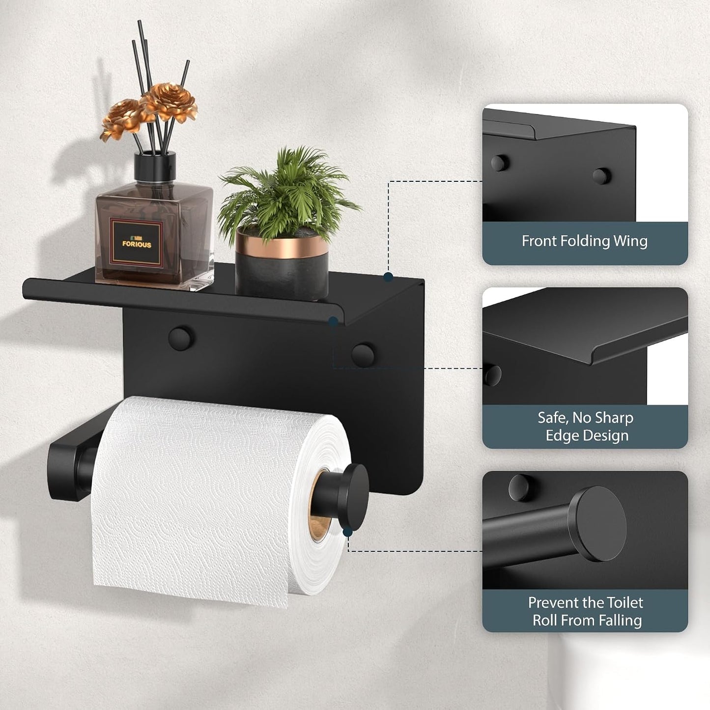 FORIOUS Toilet Paper Holder with Shelf, Adhesive or Screw, Commercial | Brushed Nickel | Wall Mount Bathroom Tissue Holder | SUS304 Stainless Steel Rustproof | Bathroom Tissue Roll Holder