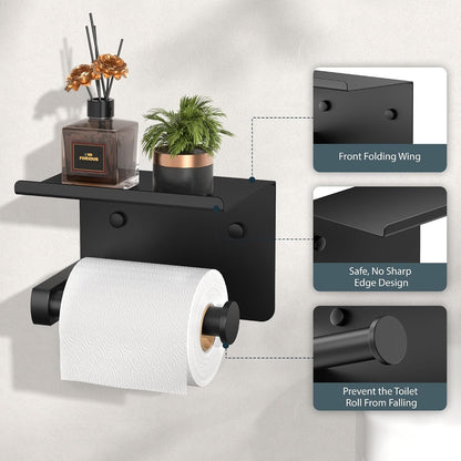 FORIOUS Toilet Paper Holder with Shelf, Adhesive or Screw, Commercial | Brushed Nickel | Wall Mount Bathroom Tissue Holder | SUS304 Stainless Steel Rustproof | Bathroom Tissue Roll Holder