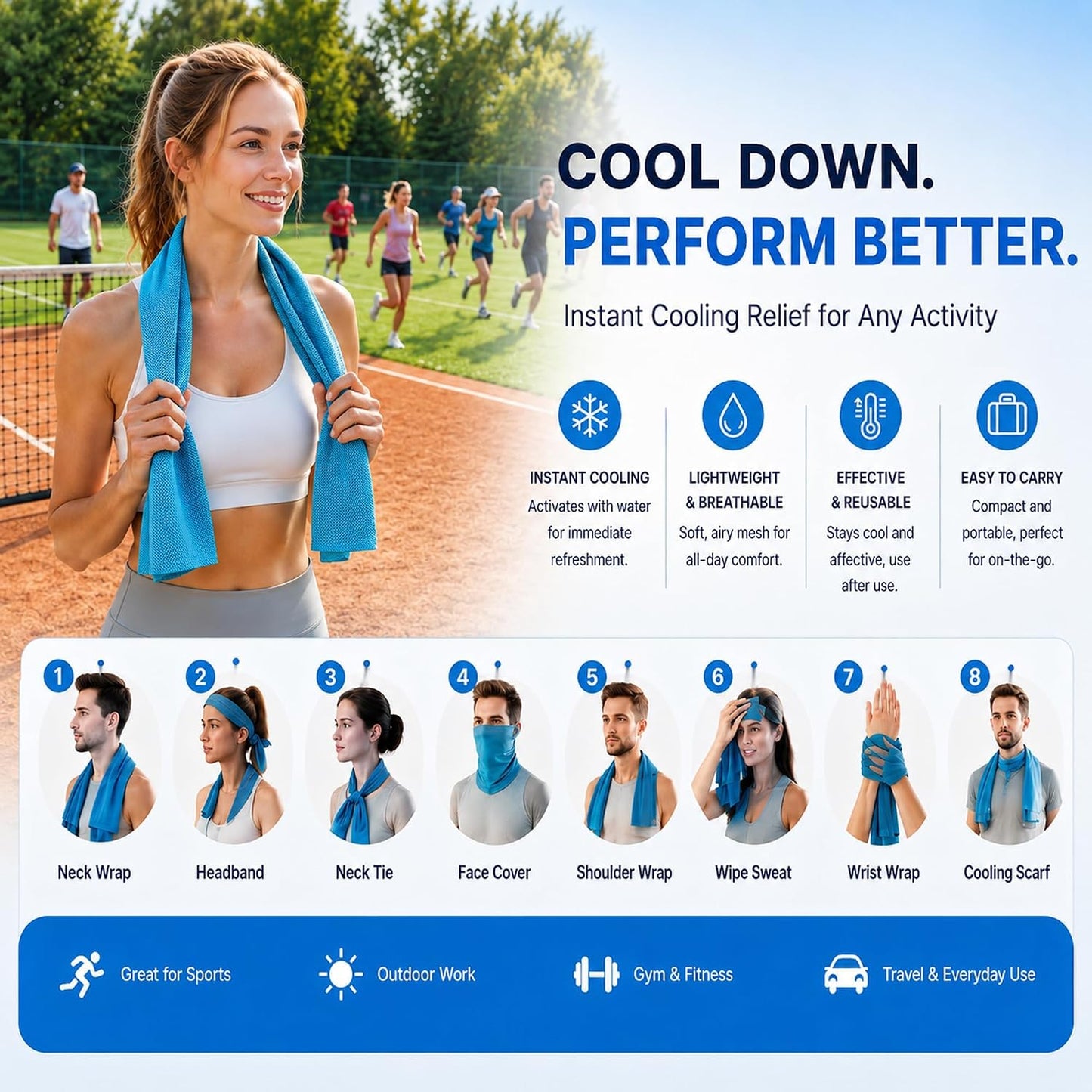Cooling Towels for Neck and Face, Instant Cooling Towel,4 Pack with Hooks | Instant Cooling Towel, Water Activated, Soft Microfiber, Reusable,4 Pack with Hooks, Great for Golf Gym Running Sports