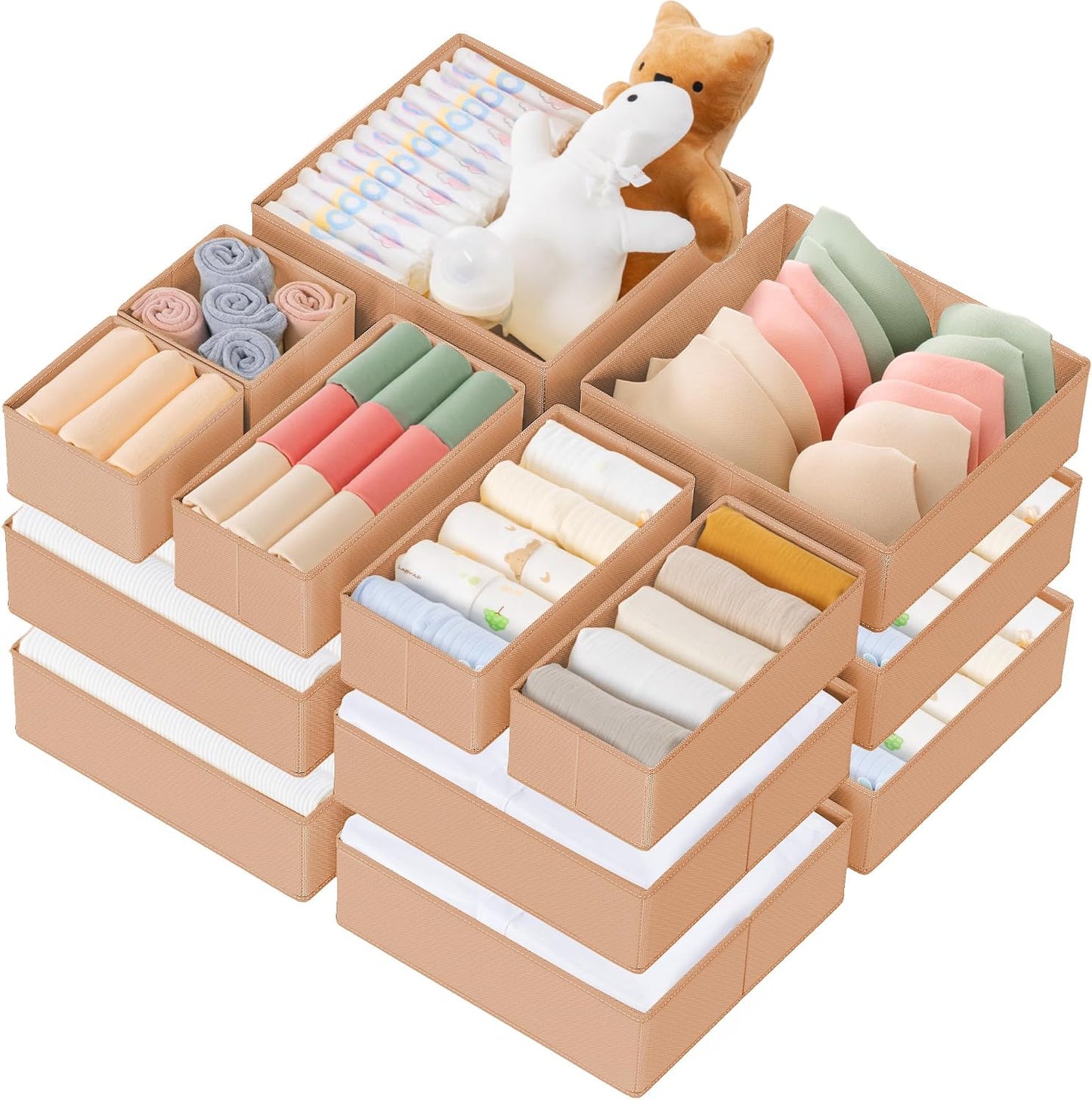Drawer Organizer Clothes, 10 Pack Dresser Organizer for Baby Clothes, Underwear, Sock- Foldable Closet Organization and Storage Dividers Bins for Nursery, Bedroom (Beige)