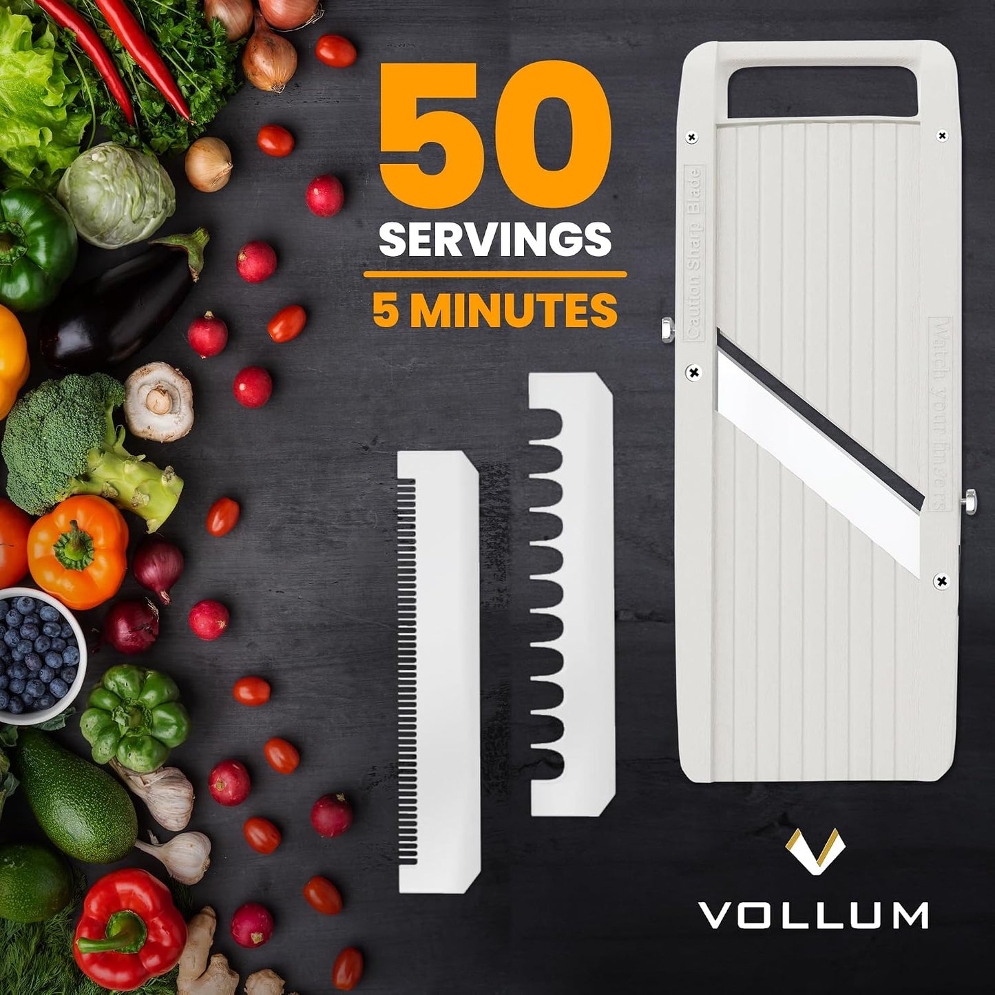 Vollum Mandoline Slicer Vegetable Cutter Stainless Steel Blades | Narrow handheld manual food slicer with interchangeable blades for precise, professional-style kitchen prep.