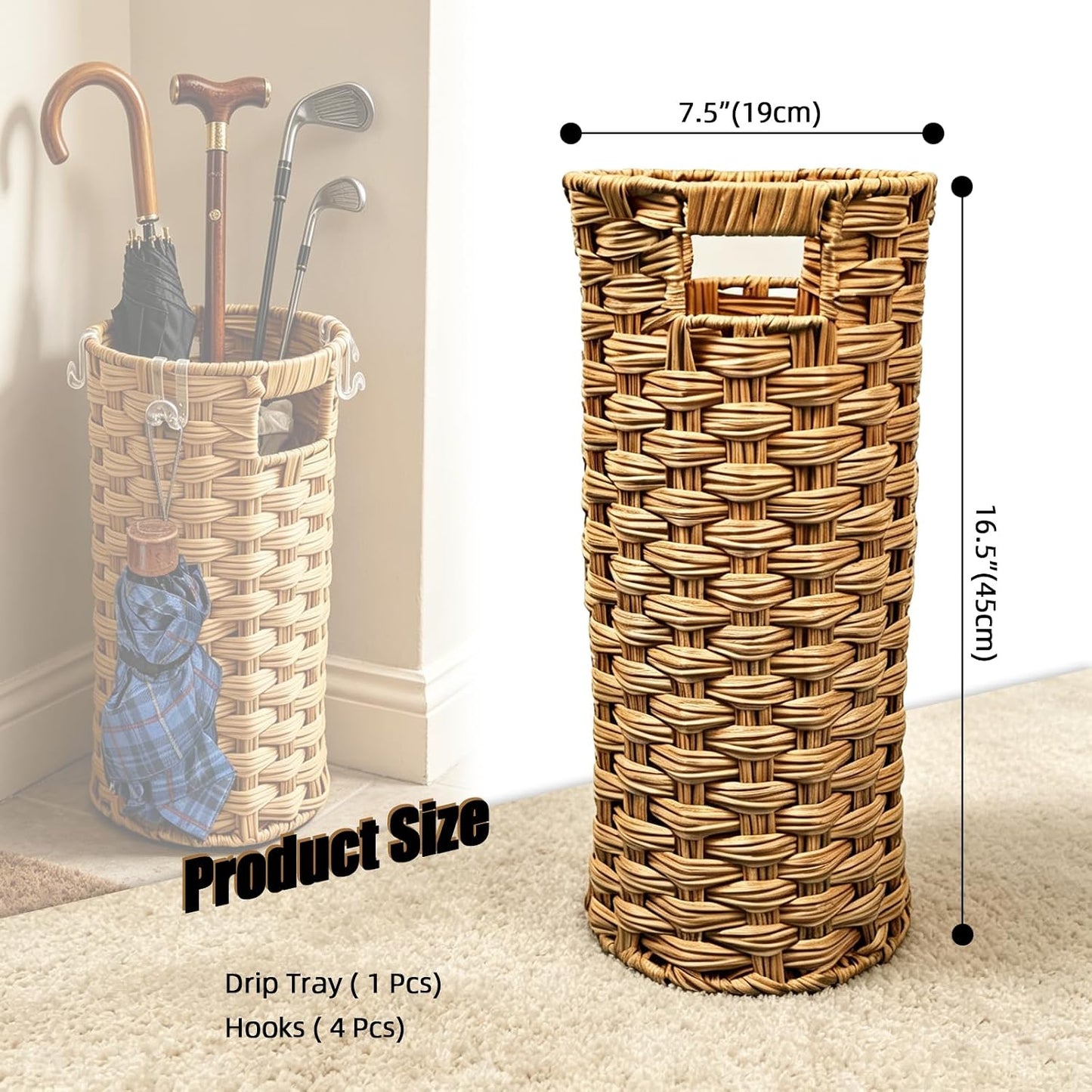 Rattan Umbrella Stand with Drip Tray - Hand Woven Entryway Umbrella Holder | Freestanding Small Rattan Rack Organizer with 4 Hooks for Folding Umbrellas & Canes, 7.5"L x 7.5"W x 16.5"H